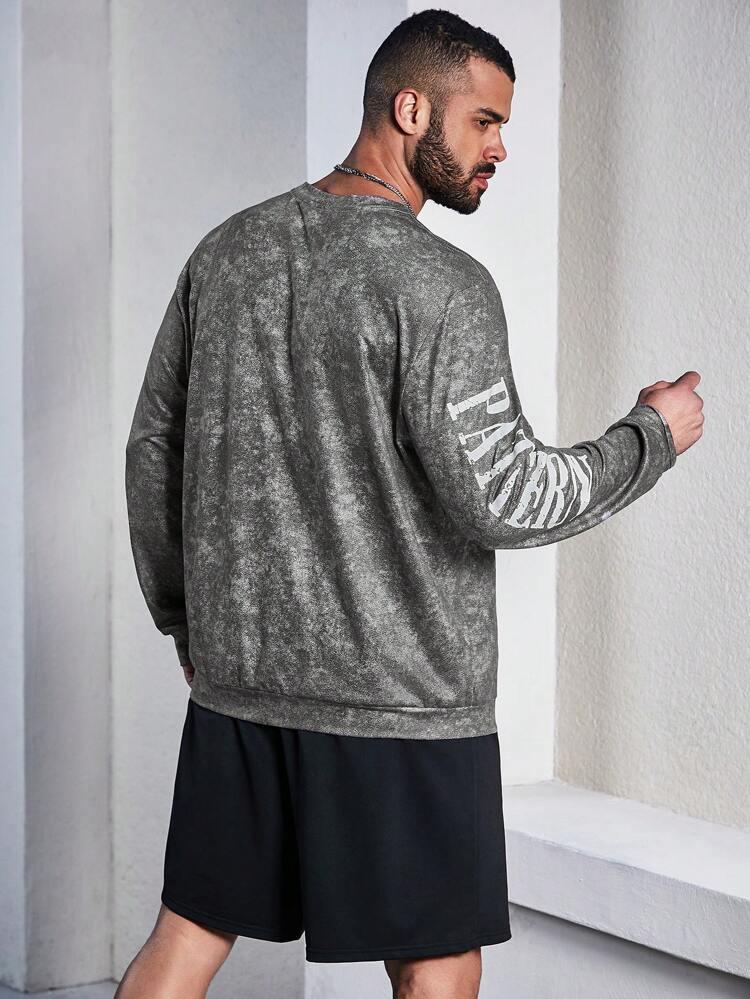 Men's Plus Size Letter & Face Print Long Sleeve Sweatshirt And Shorts Set