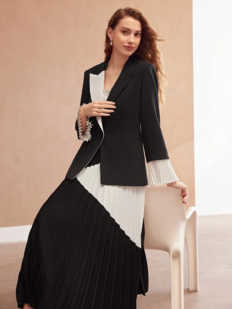 WOMEN'S CONTRAST COLOR RUFFLES SLEEVES BLAZER JACKET