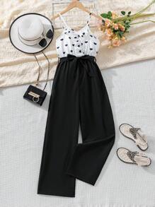 SHEIN Tween 女童心型印花寬褲連身褲（搭配腰帶） - 彩色 - 查看 1