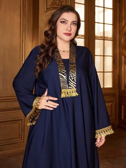 Al Najma Plus Size Women'S Tassel Trim Arabic Style Abaya Dress Kaftan Jalabiya Dress