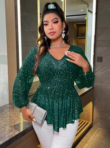 Celure 大尺寸 V 領燈籠袖荷葉邊下擺襯衫 - 墨綠色 - 查看 1