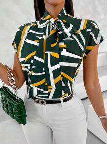 SHEIN VaVaLuxe 女士領口繫帶幾何印花襯衫 - 墨綠色 - 查看 5