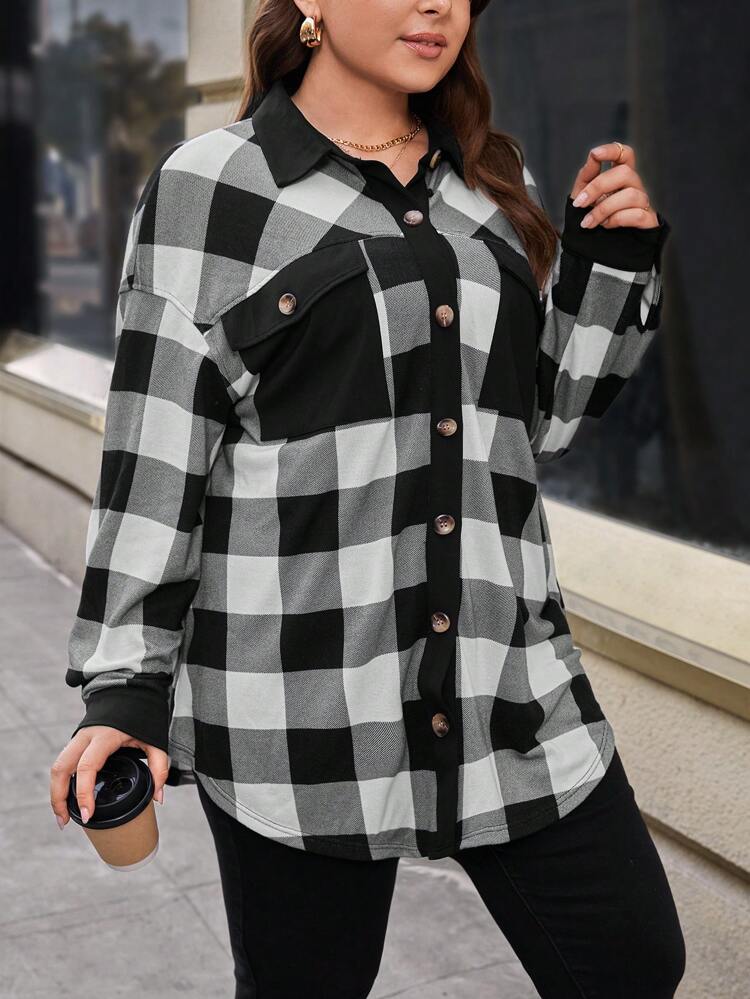 Plus Size Women'S Plaid Drop Shoulder Long Sleeve Jacket