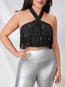 SHEIN Privé Plus Size Camis Backless Pinggir Tie Back Plain Seksi Pesta - Hitam - View 5