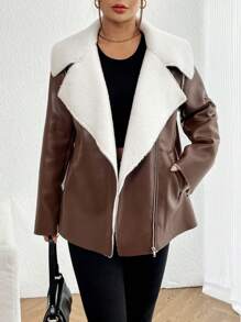 SHEIN LUNE Chaqueta De La Motocicleta, De PU, Para Mujer, Con Solapa De Color Contrastante
