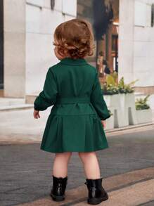 SHEIN Baby Girls' Vintage Elegant Lapel Double Breasted Belted Long Sleeve Loose Hem Dress