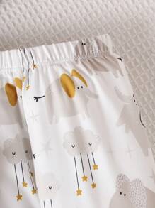 幼兒男童可愛風格白色標語印花連體褲,配大象印花長褲和帽子套裝 - 杏色 - 查看 7