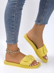 Fashionable Women's Yellow Bow Knot Decorated Suede-Like Anti-Slip Flat Heel Sandals, Beach Casual Slippers - Yellow - View 4