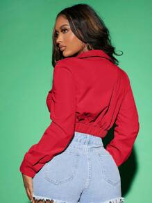 SHEIN SXY Blusa Cropped Manga Comprida Com Detalhe Torcido - Vermelho - Visão 2