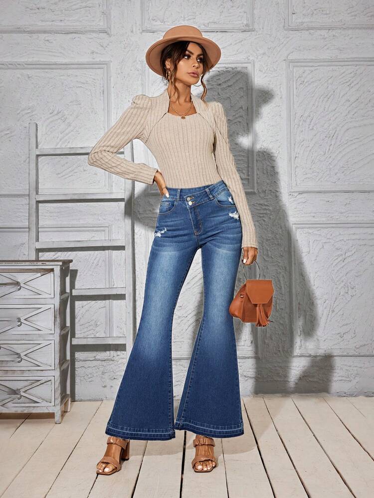 Women'S Washed Denim Distressed Flare Jeans