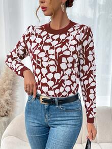 SHEIN LUNE 女款印花圓領毛衣 - 酒紅色 - 查看 6