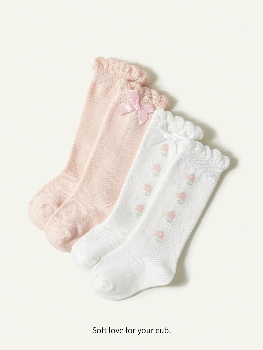 Cozy Pixies 2pairs/Set Adorable Floral Pattern Over Knee Socks With Bowknot Decor For Baby Girl, Suitable For Daily Wear And - Multicolor - View 1