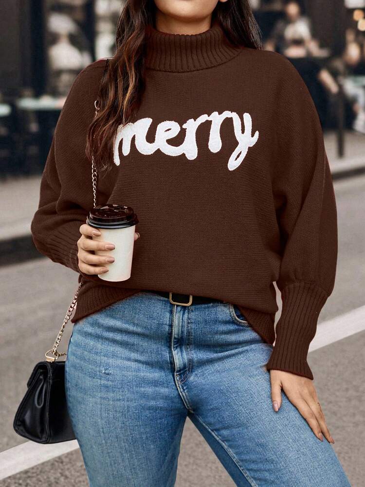 Plus Size Women's Turtleneck Pullover Sweater With Letter Pattern Knit Pullover Fall Winter