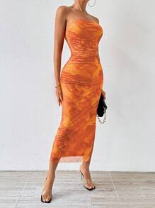 Chiquease Tie-Dye Asymmetric Hem Bandeau Dress With Side Slit - Orange - View 5