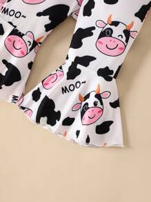 SHEIN Fashionable And Lovely Baby Girls' Cow Printed Bodysuit With Puff Sleeves, Bowknot, Bell Pants And Headband Set - Pink - View 4