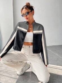 SHEIN EZwear Farbblock Pu Leder Winddichte Jacke für Herbst/Winter