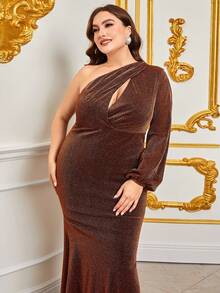 Plus Sloping Neck Cocktail Dress With - Brown - View 3