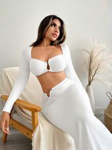 SHEIN SXY 女士彎形扣短上衣和彎形扣中長裙套裝 - 白色 - 查看 4