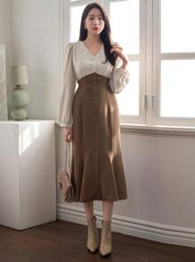DAZY Color Block & Lantern Sleeve Elegant Dress,Fall Clothes - Brown - View 6