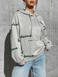 SHEIN Unity 女士字母印花抽绳连帽套头衫，秋季卫衣 - 灰色 - 查看 6