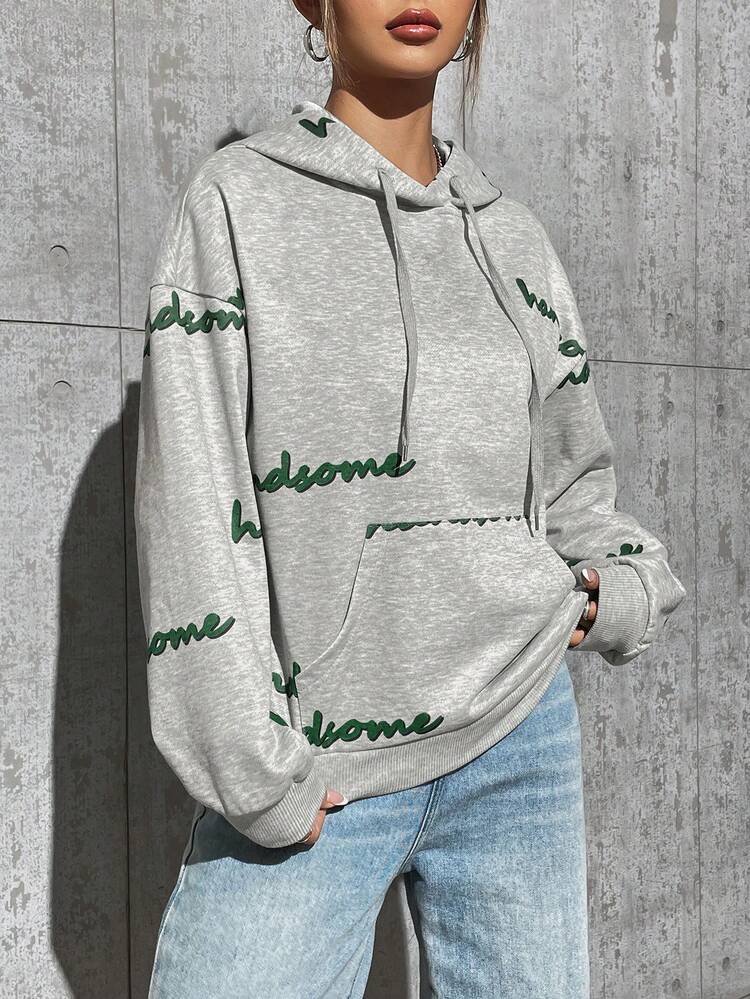 Women's Hooded Sweatshirt With Letter Print And Drawstring Pullover Fall Sweatshirt