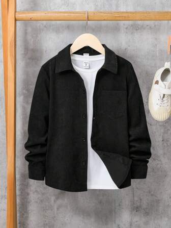 SHEIN Tween Boys' Regular Fit Black Shirt With Classic Collar And Long Sleeves;Boys Fall Clothes;Boys Winter Clothes, Teen Boys Collard Jackets, Boy Jackets For Kids Black, Long Sleeve Shirt For Boys,Ensemble Hiver,Winter Clothing,Fall Outfits,Fall Clothing,All Clothes For Kids,Black Tops ,Fall Tops