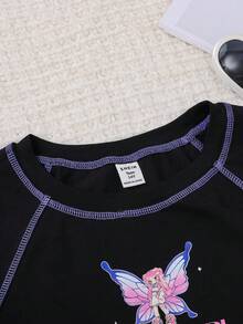 SHEIN 青少女卡通字母印花t恤,暴露縫線設計 - 黑色 - 查看 7