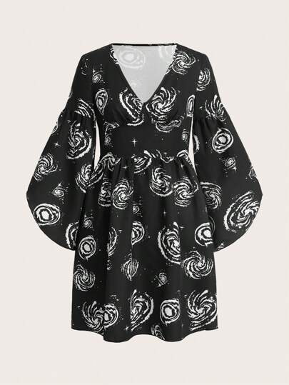 Hippie فستان نسائي بأكمام جرس مطبوعة تصميم حلزوني