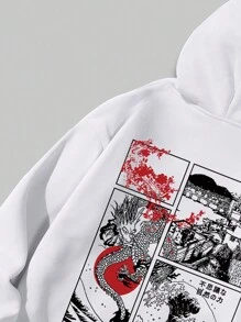 ROMWE MEN Street Life 男士龍紋、風景、字母印花帶束繩連帽外套和慢跑褲休閒套裝 - 白色 - 查看 7