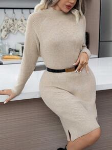 Calvaya Kích thước lớn Quần bó Áo len dệt kim Đầm Với Tay Raglan - Màu be - Xem 4