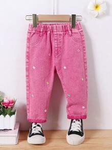 SHEIN 可愛休閒寬鬆型彩色花刺繡嬰幼兒女縮口牛仔褲 - 玫紅色 - 查看 1