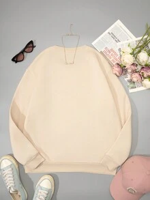 SHEIN EZwear 卡通文字印花套頭連帽衫 - 杏色 - 查看 2