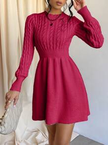 SHEIN Cottnline Cable Knit Long Sleeve Sweater Dress - Hot Pink - View 3
