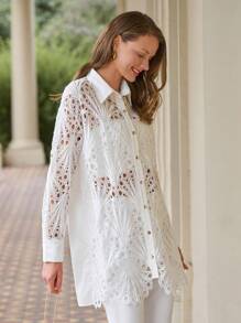 Anewsta Women's Hollow Out Drop Shoulder Long Sleeve Shirt - White - View 5