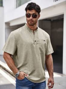 SHEIN Manfinity Homme Nam Kích thước lớn Màu thuần Cổ áo có khía Ngắn tay Giải trí Áo sơ mi - Màu be - Xem 4