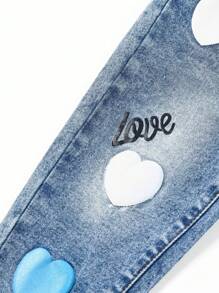 Baby Girls' Heart & Letter Pattern Washed Jeans