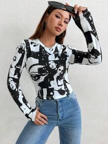 SHEIN Unity Women's Portrait Printed Long Sleeve T-Shirt Fall Cloth For Women - White - View 4