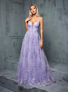 Spaghetti Strap V-Neck Embroidered Lace Sexy Backless Maxi Bridesmaid Dress Party Dress Wedding Guest Dress Formal Dress Evening Dress,Gown - Màu tím - Xem 3