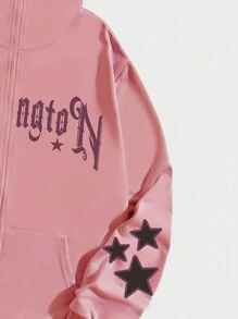 ROMWE MEN Street Life Men's Lettering & Stars Printed Zip-Placket Hoodie - Pink - View 3