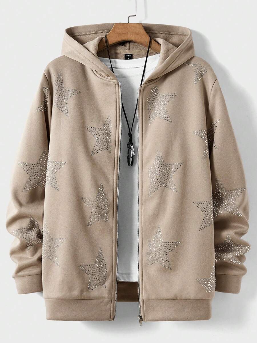 Manfinity VCAY Men's Rhinestone Detailed Hooded Zip-Up Sweatshirt With Five-Pointed Star Pattern, For Fall Winter - Khaki - View 1