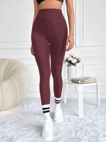SHEIN Cottnline Wide Waistband Solid Leggings - Burgundy - View 6