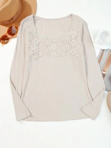 Acelitt Lace Spliced Long Sleeve T-Shirt - Beige - View 5