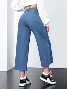 SHEIN PETITE Wide Leg Jeans With Fringe Hem - Medium Wash - View 2