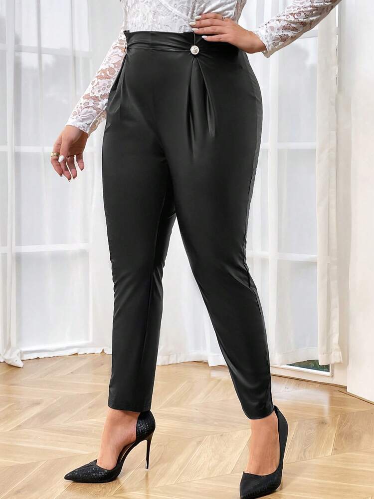 Plus Size Pu Leather Pants With Button Decoration