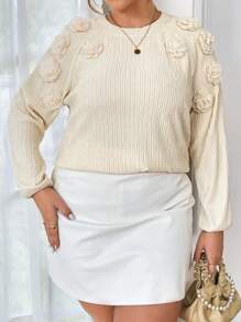 SHEIN Privé Plus Size Women'S 3d Flower Decorated Raglan Sleeve Long Sleeve T-Shirt - Apricot - View 3