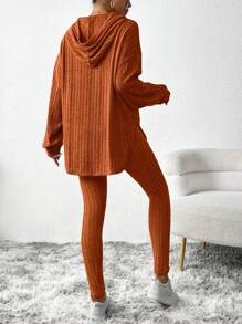 SHEIN Essnce 女性下垂肩長袖連帽上衣和緊身褲套裝 - 鏽棕色 - 查看 2