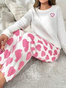Women's Heart Pattern Plush Pajamas Set - Pink - View 3