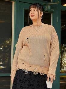 SHEIN EZwear Talla grande Suéter roto de hombros caídos desgarro - Caqui - Ver 7