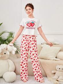 SHEIN Teen Girl Knitted Strawberry Patterned Tee And Pants Set With Wave Hem For Home Wear - Pink - View 4