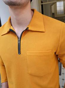 Manfinity Homme Nam Nửa Zip Tay áo dài Áo polo - Màu vàng - Xem 3
